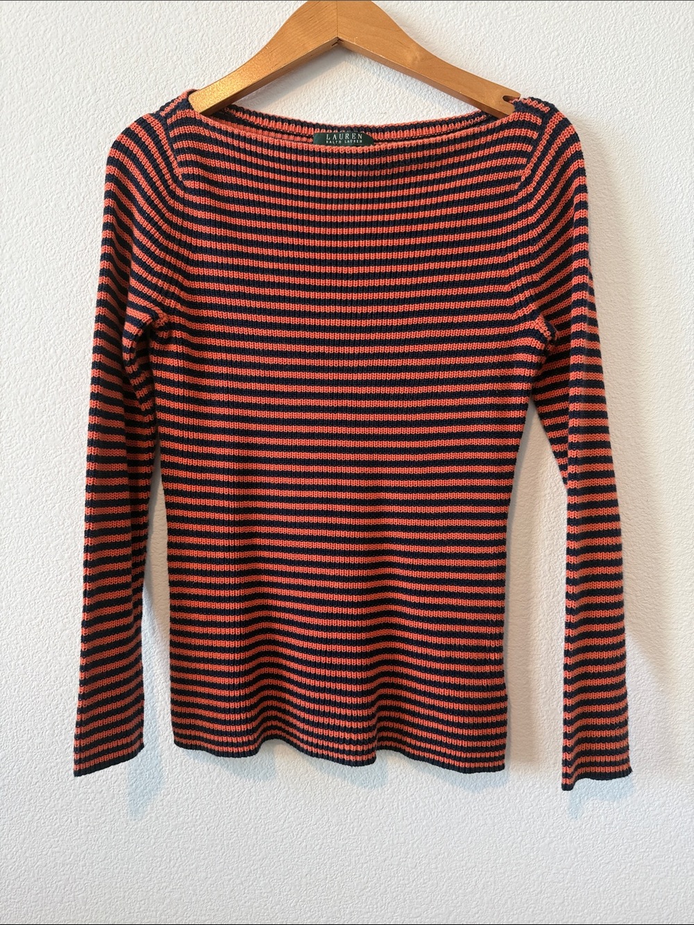 Ralph Lauren Y2K Cotton Boatneck Stripe Sweater Women’s M Orange Navy Fall
